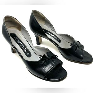 Peter Kaiser Black Leather Peep-Toe Heels with Bow Accent